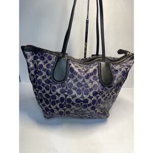 Coach Signature Purple Jacquard Tote Shoulder Bag Black Leather Trim Zip Top